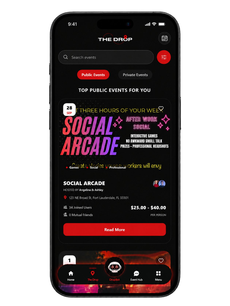 Social Arcade event discovery on The Drop